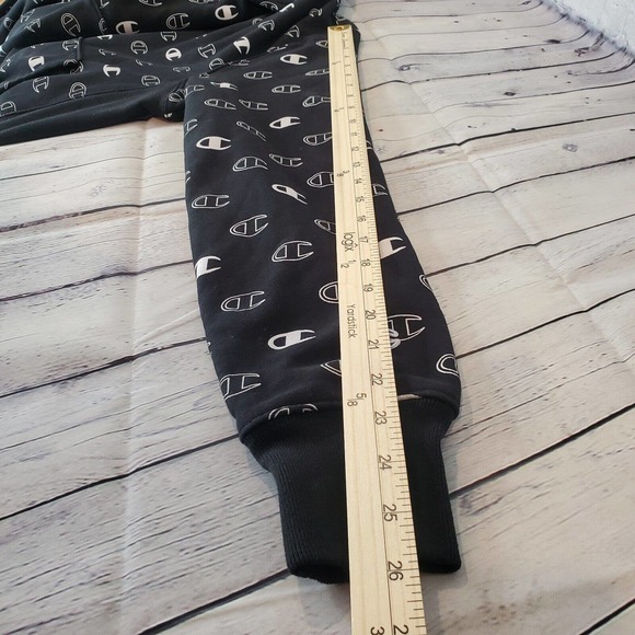 Champion Reverse Weave Hoodie Men's Small Black All Over Logo Side Stretch Flaw - Picture 13 of 14